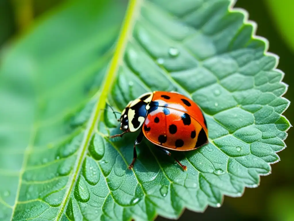 Una mariquita descansa sobre una hoja verde vibrante, con su caparazón rojo y negro claramente visible