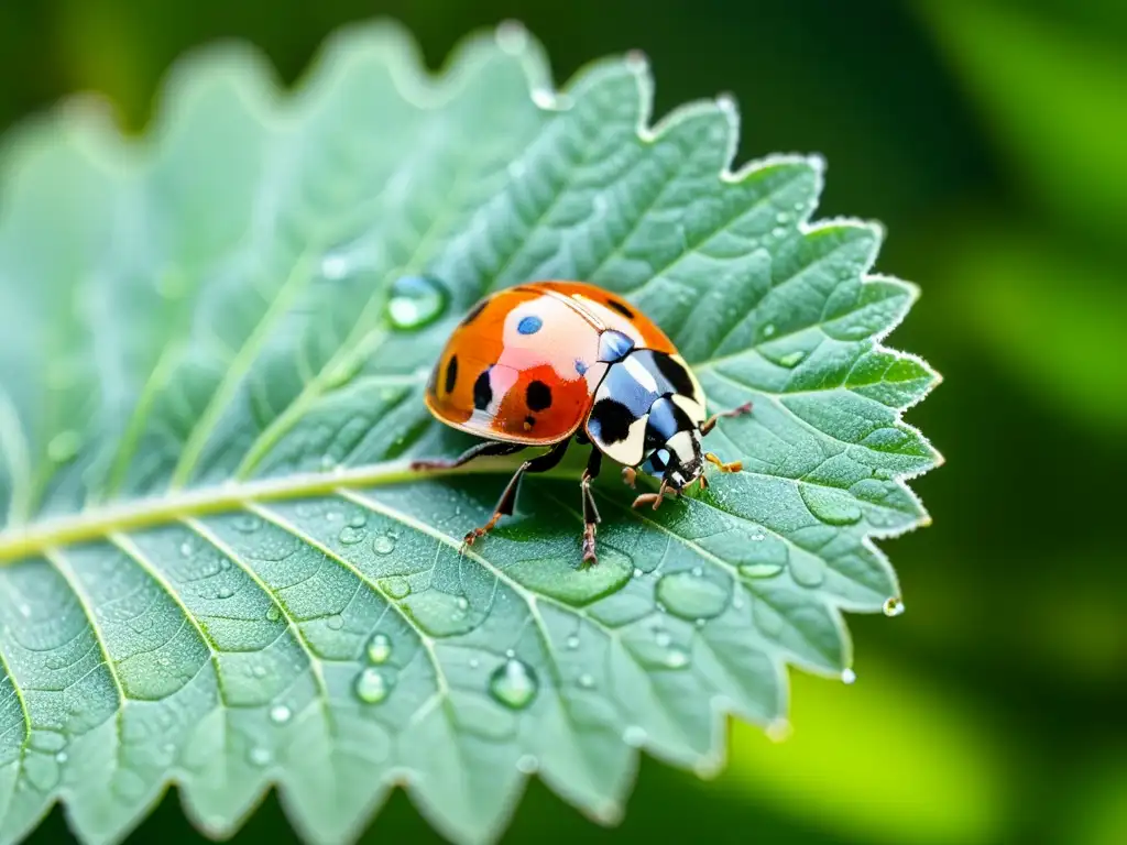 Una mariquita delicadamente posada en una hoja verde vibrante, con detalles detallados de sus alas moteadas y antenas delicadas