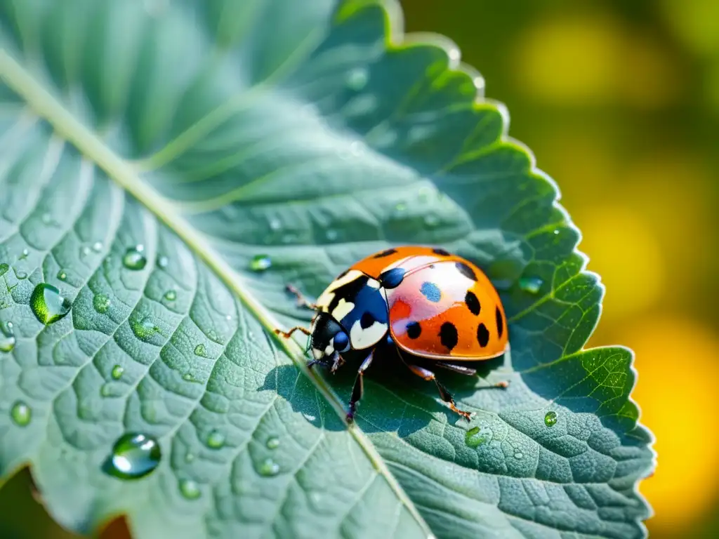 Una mariquita en primer plano descansa sobre una hoja verde vibrante en un jardín urbano moderno