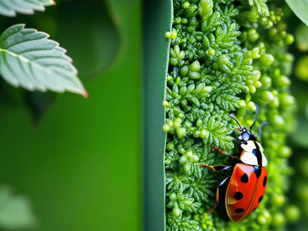 Una mariquita en un jardín vertical, mostrando la belleza de tratamientos ecológicos para control de plagas en entornos urbanos