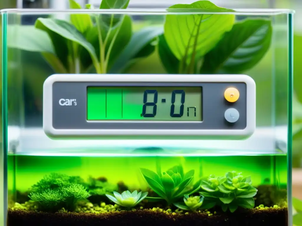 Un medidor de pH digital en un tanque de acuaponía con plantas acuáticas vibrantes y agua verde