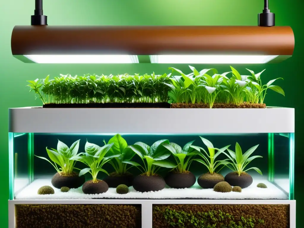 Medios de cultivo alternativos acuaponía: Sistema moderno con plantas verdes exuberantes en el agua, integrando tecnología y naturaleza