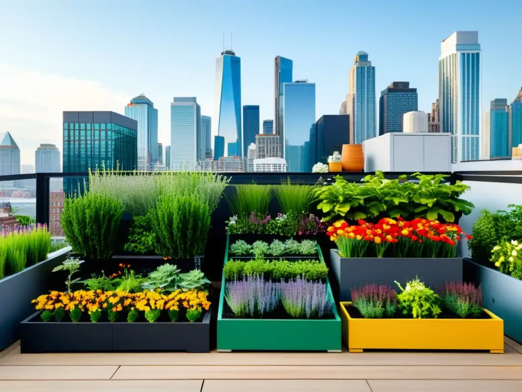 Mejores estructuras huertos techos con diseño moderno y vibrante, lleno de vegetación y flores coloridas, contrastando con el skyline urbano