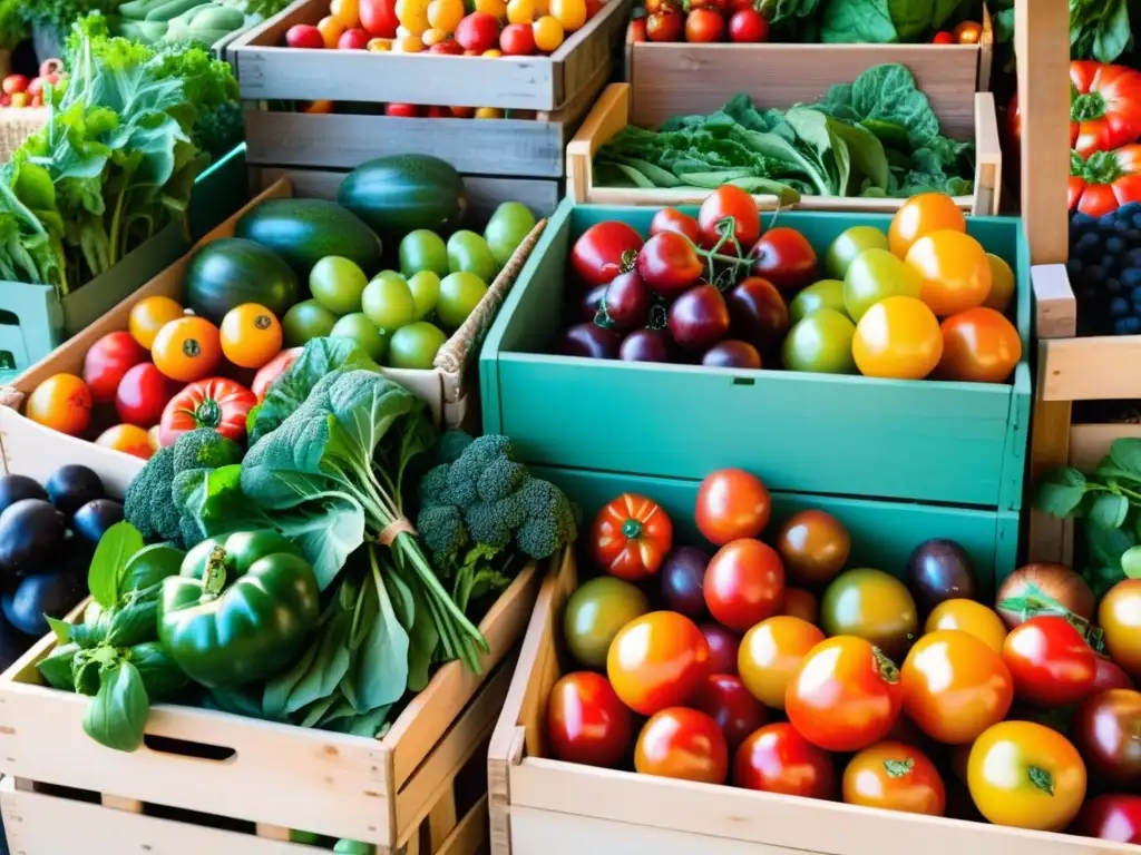 Un mercado de agricultores rebosante de frutas y verduras orgánicas frescas