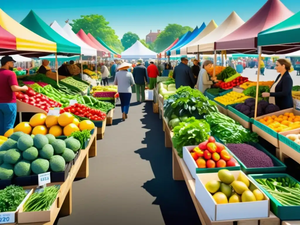 Mercado agrícola bullicioso con productos frescos y coloridos, estrategias de precios atractivas para productos de acuaponía