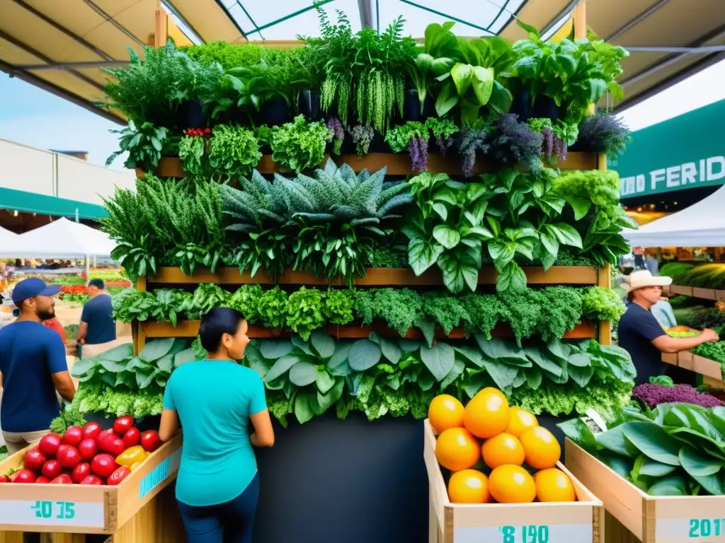 Un mercado bullicioso con productos frescos y vibrantes de huertos verticales