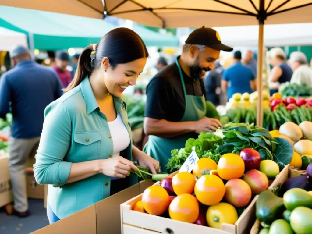 Un mercado urbano bullicioso con puestos coloridos que ofrecen una variedad de productos frescos, como frutas, verduras, hierbas y flores