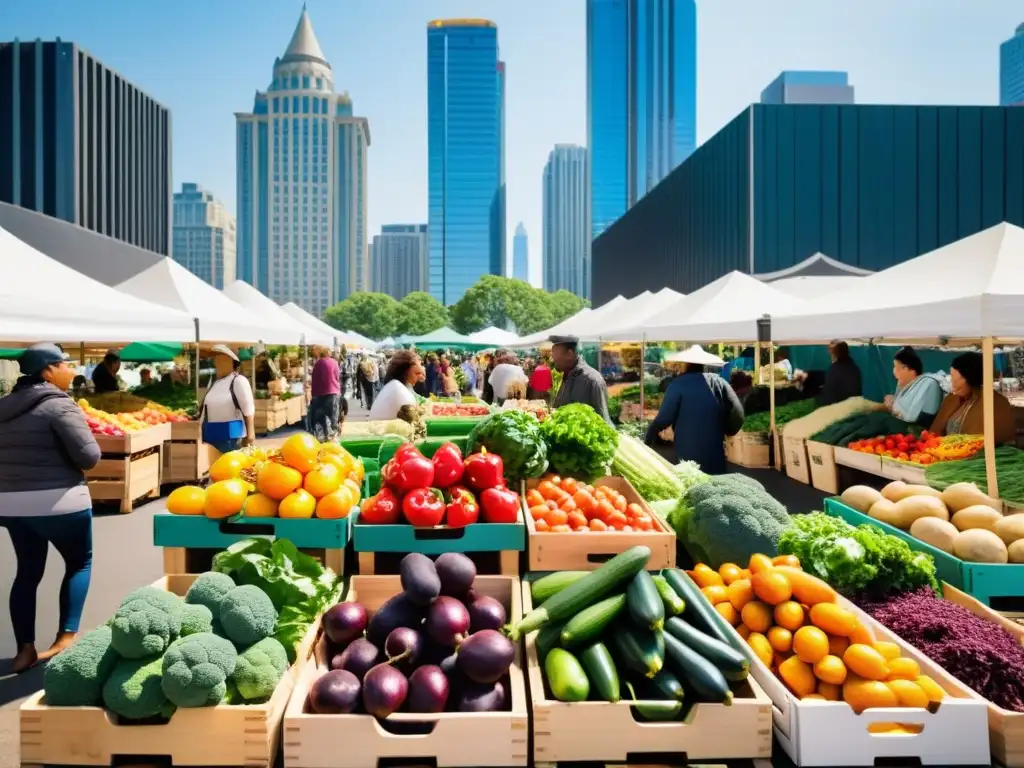 Un mercado urbano bullicioso con una variedad de productos frescos, gente de todas las edades y fondos, y rascacielos de fondo