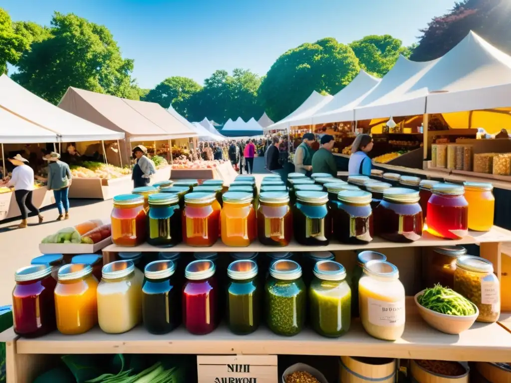 Un mercado urbano bullicioso con una variedad de alimentos fermentados coloridos en exhibición