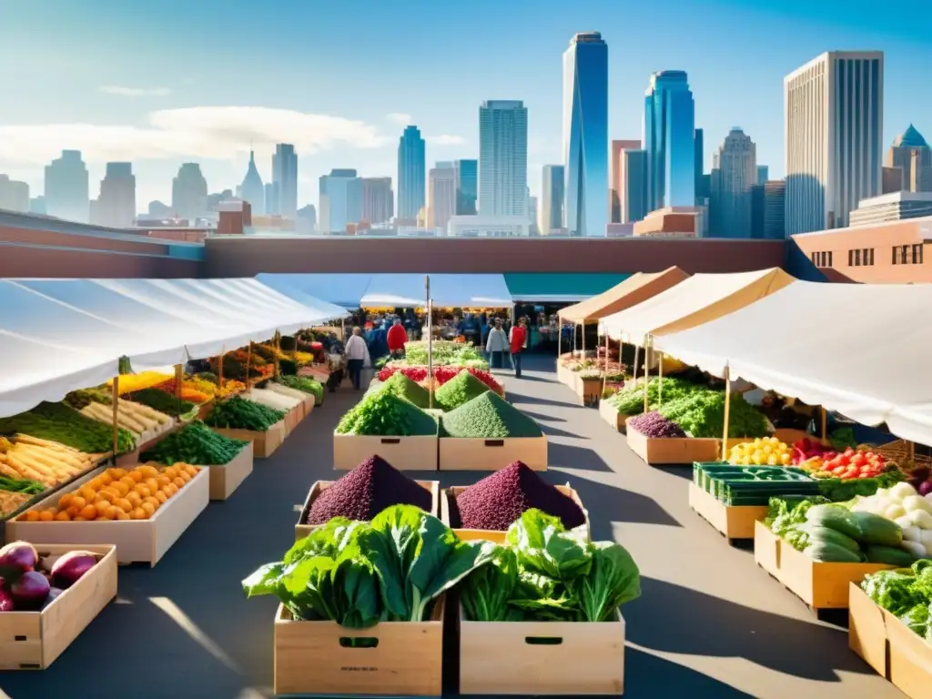 Un mercado urbano bullicioso y vibrante con una variedad diversa de productos frescos, en un escenario moderno y elegante