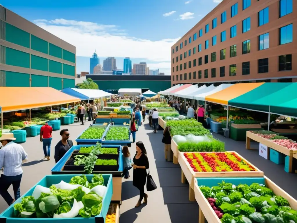 Un mercado urbano vibrante con puestos de productos orgánicos y sistemas acuapónicos sostenibles