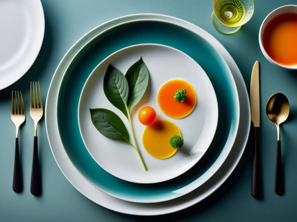 Una mesa minimalista con presentaciones elegantes de productos acuaponía, resaltando los colores y detalles de los ingredientes