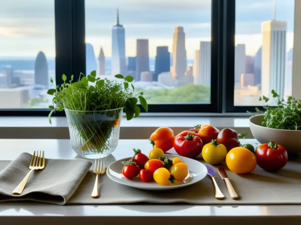 Una mesa elegantemente preparada con una variedad de productos frescos y vibrantes de cosecha urbana, con el skyline urbano de fondo