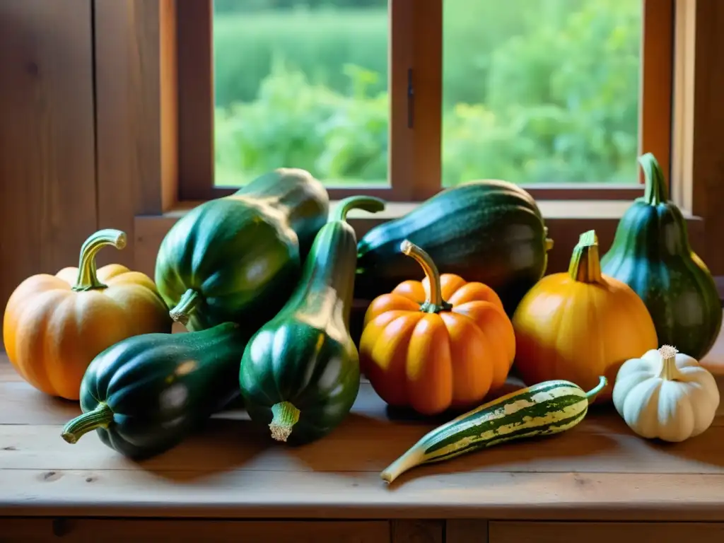 Una mesa rústica de madera con calabacines y calabazas recién cosechados