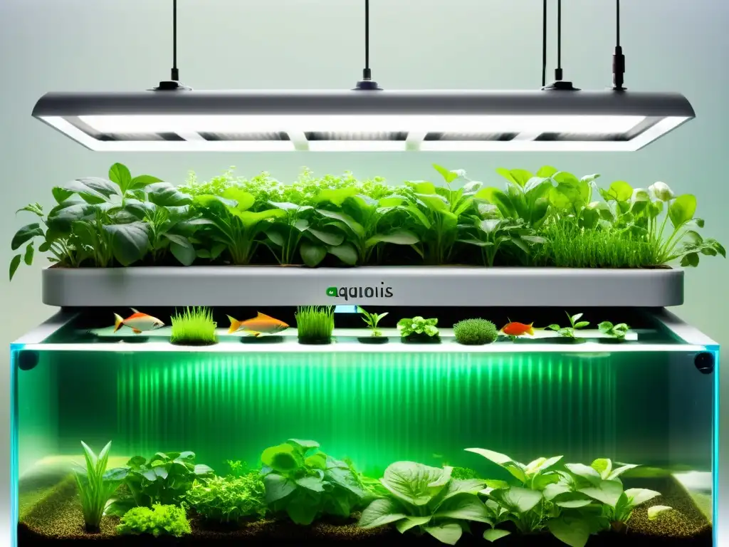 Métodos innovadores conserva productos acuaponía: Sistema acuapónico moderno con plantas exuberantes en tanques de agua