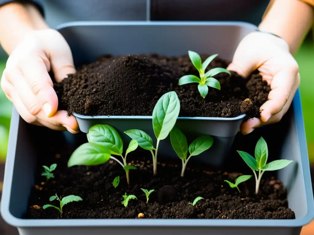 Mezcla cuidadosa de suelo rico en nutrientes con compost en contenedor de agricultura urbana, manteniendo nutrientes conservas