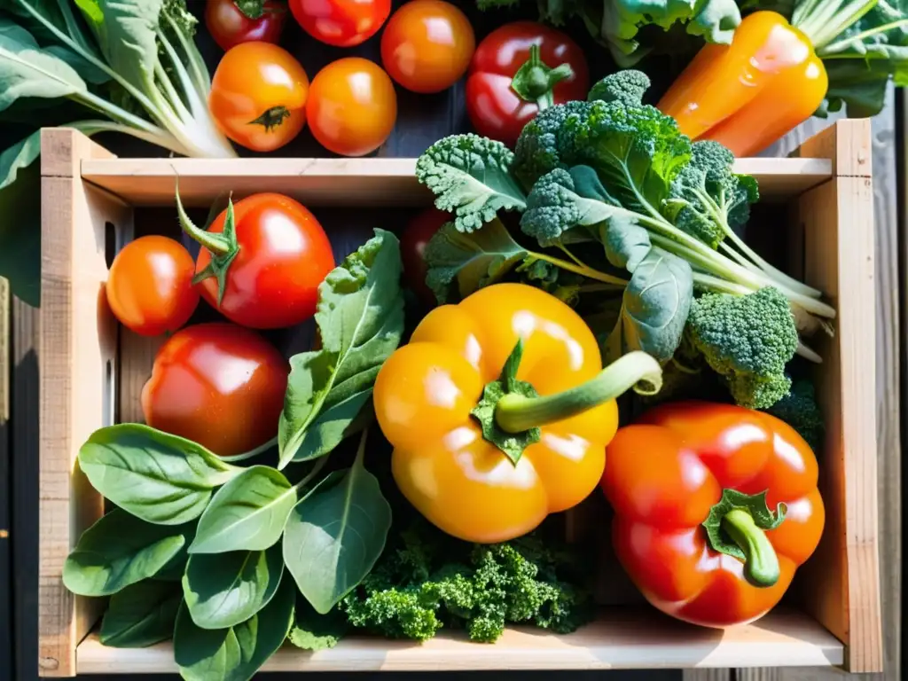 Una mezcla de verduras frescas del huerto urbano en una caja de madera rústica, con gotas de agua brillando al sol