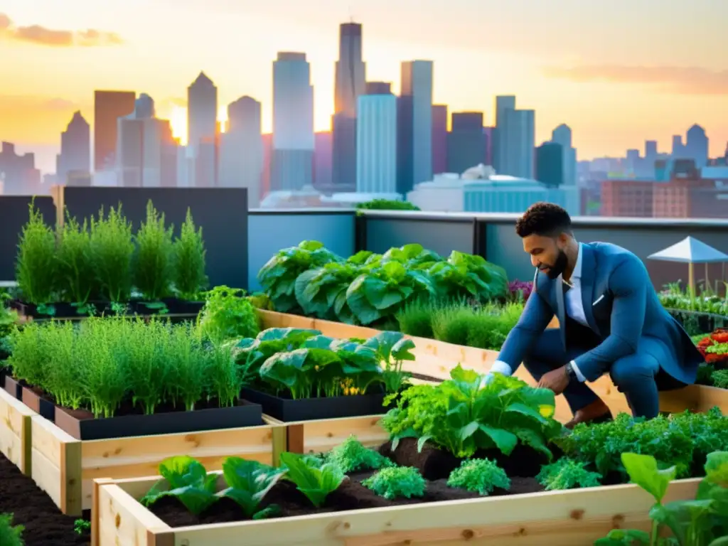 Un micro negocio de huertos urbanos en mesa, con verduras coloridas y vegetación exuberante en un moderno jardín en la azotea de la ciudad