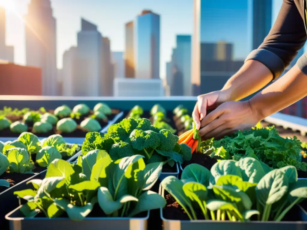 Un micro negocio de huertos urbanos en una ciudad vibrante, con manos plantando vegetales en un jardín de techo