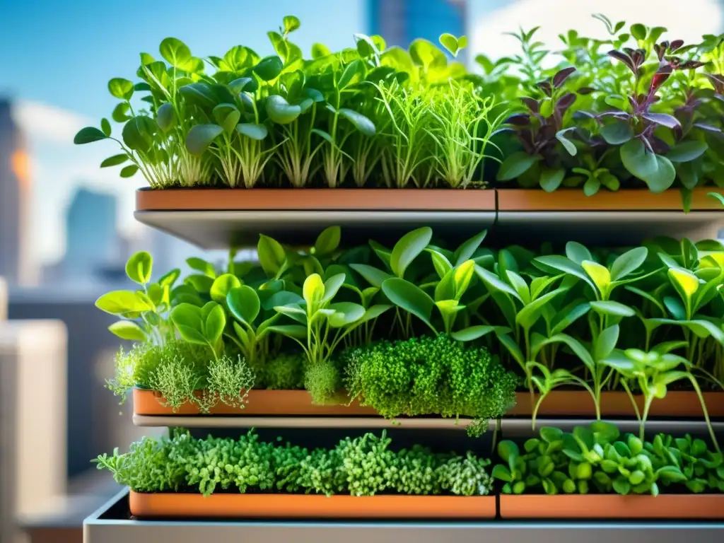 Un jardín de microgreens en cultivo vertical en un entorno urbano, resaltando la integración de la naturaleza y la agricultura en espacios urbanos