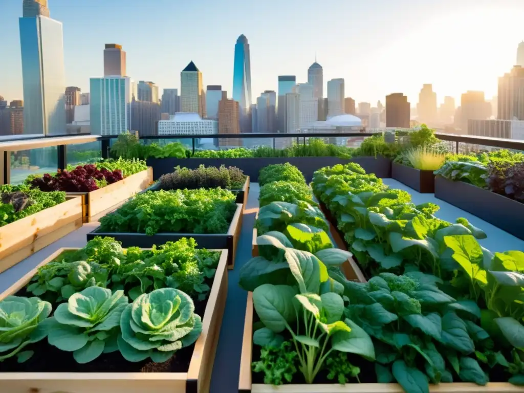 Microvegetales en agricultura urbana: Jardín urbano vibrante y moderno, lleno de vida con kale, rúcula y tomates cherry, entre abejas y mariposas