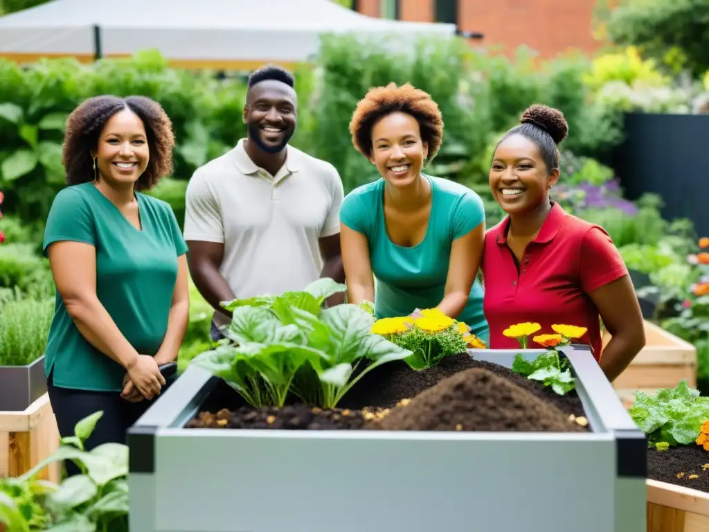 Miembros de la comunidad se involucran en proyectos de compostaje colectivo en un jardín urbano, fomentando la cooperación y la sostenibilidad