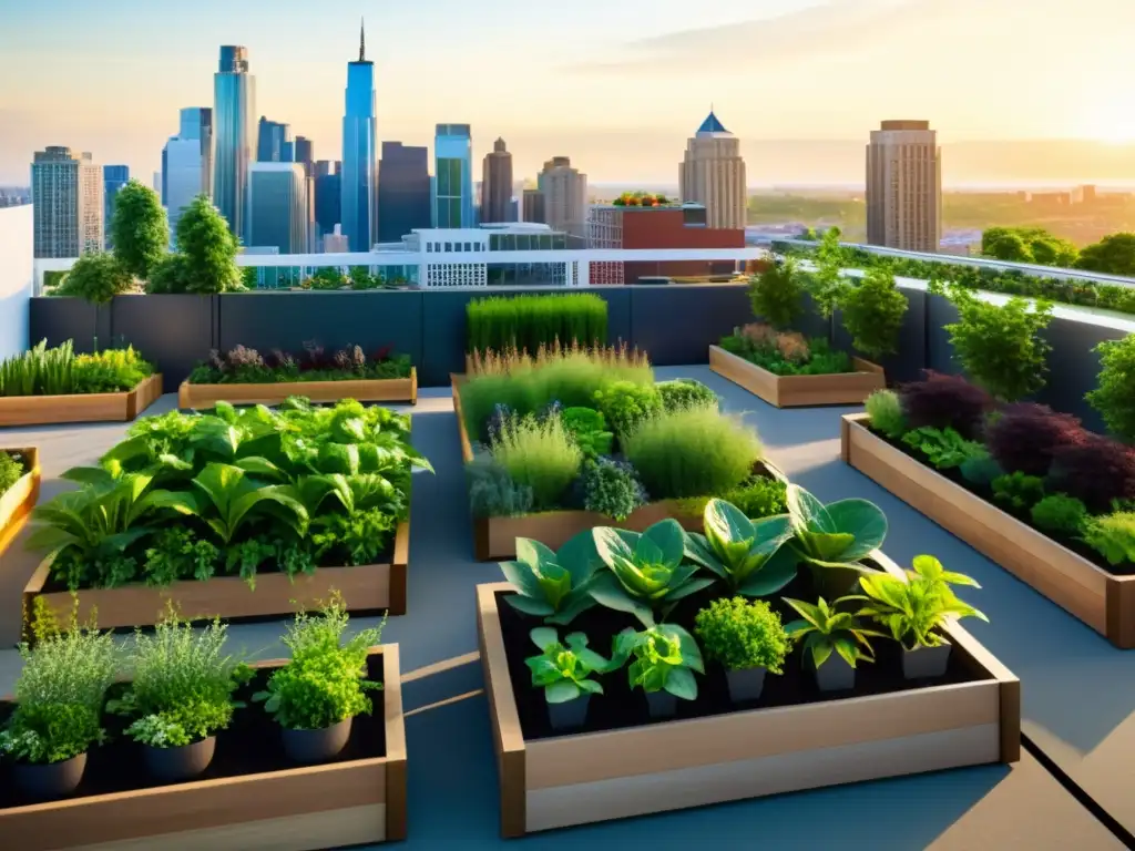 Modelo de negocio en agricultura urbana: Jardín urbano bullicioso con vegetación vibrante y modernos edificios de fondo