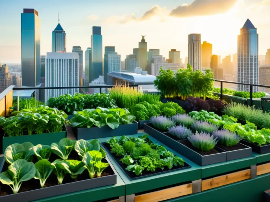 Modelos de negocio sostenibles en agricultura urbana: un jardín en la azotea de la ciudad, con plantas verdes y modernidad