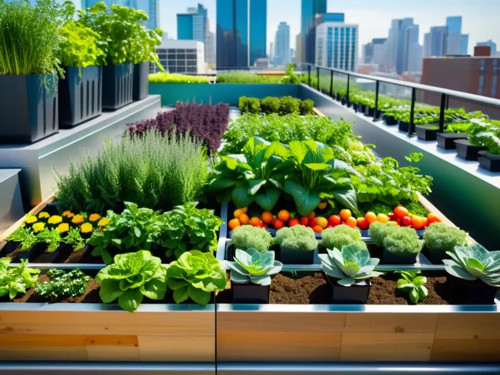 Modelos de negocio sostenibles agricultura urbana: Jardín en la azotea urbana con vegetales coloridos y tecnología ecoamigable