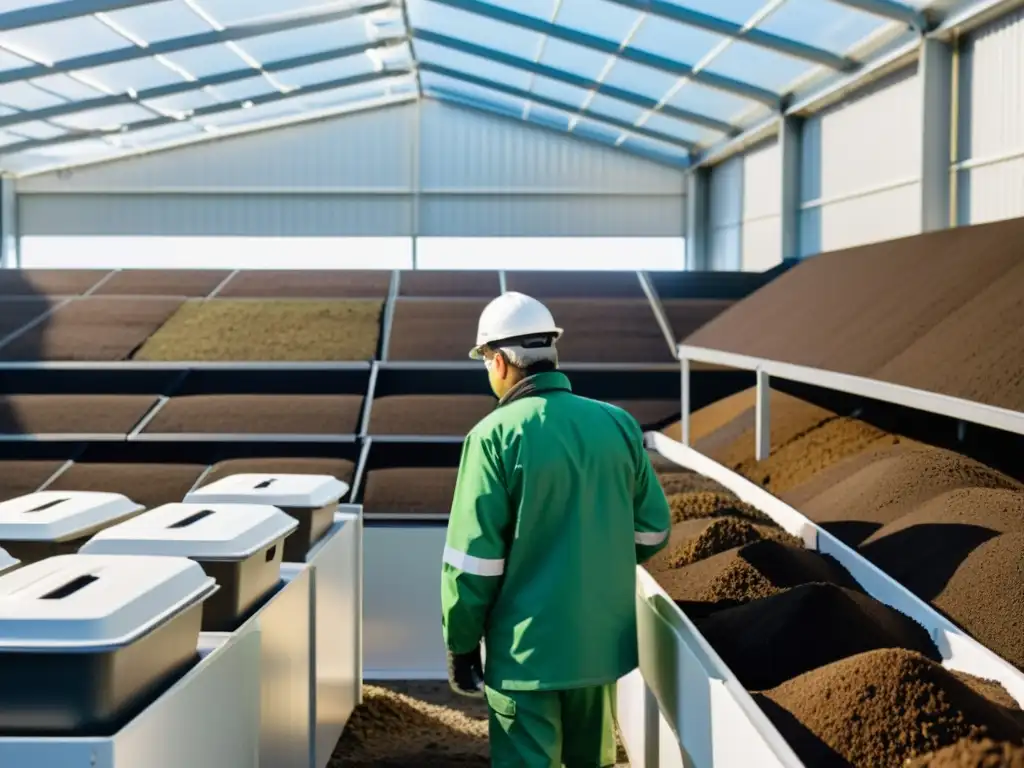 Instalación moderna de almacenamiento compost maduro con contenedores transparentes y trabajadores profesionales inspeccionando cuidadosamente la composición y el almacenamiento del compost