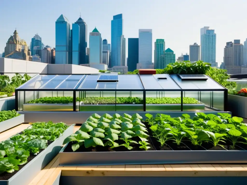 Moderna acuaponía en azotea urbana, exuberante vegetación y skyline, reducción huella carbono urbana