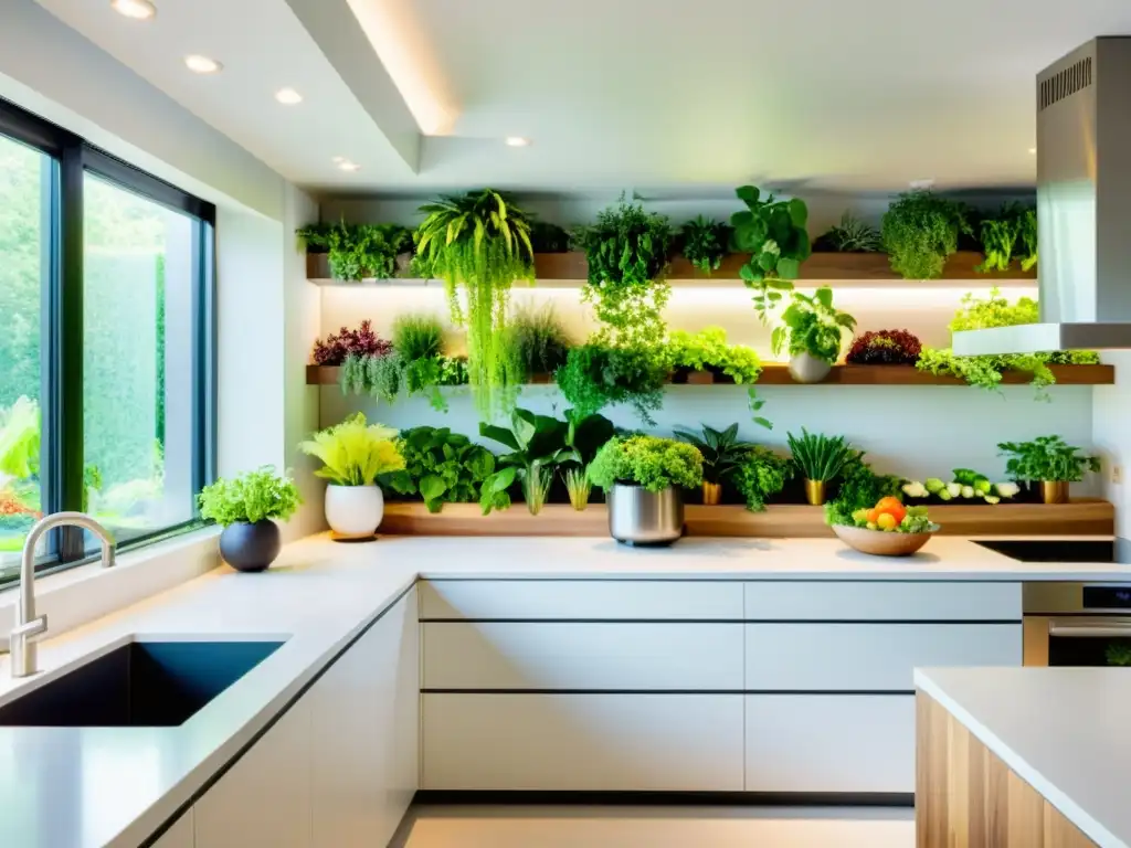 Moderna cocina con jardines verticales comestibles urbanos, llenos de hierbas frescas y vegetales, irradiando frescura y sostenibilidad