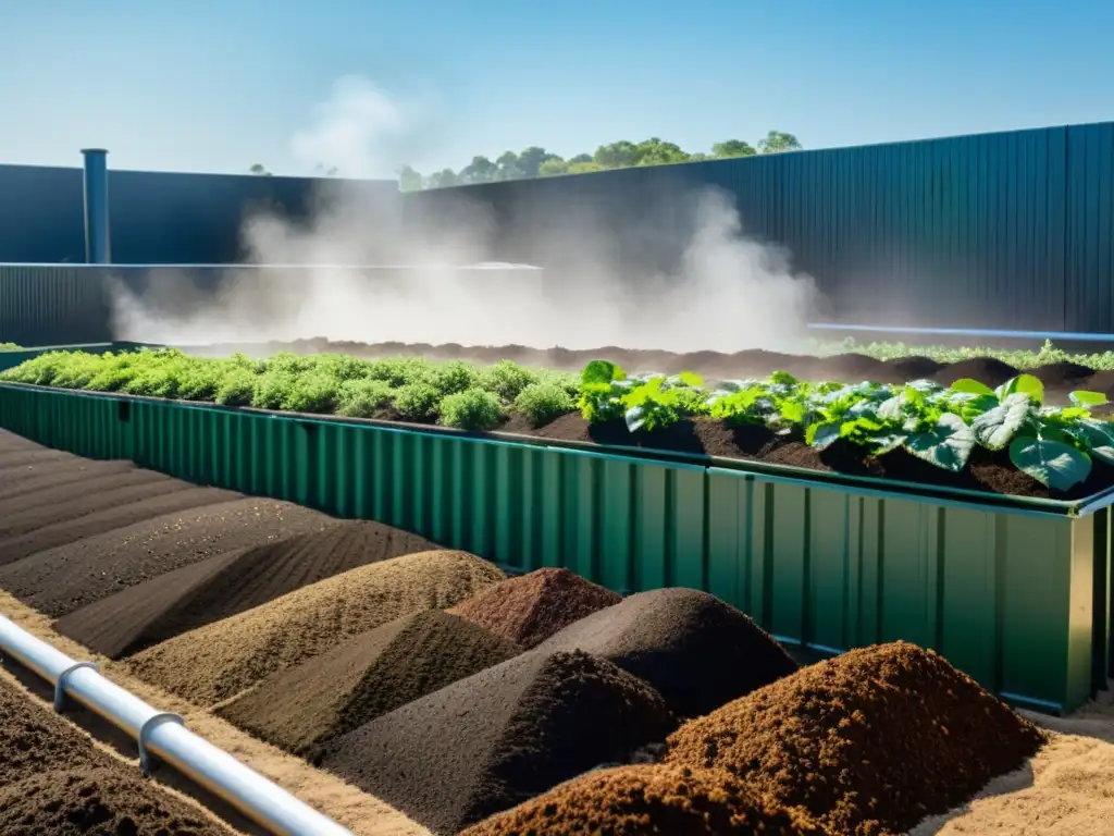 Instalación moderna para el compostaje urbano con control de olores, trabajadores gestionando pilas de compost y vegetación exuberante