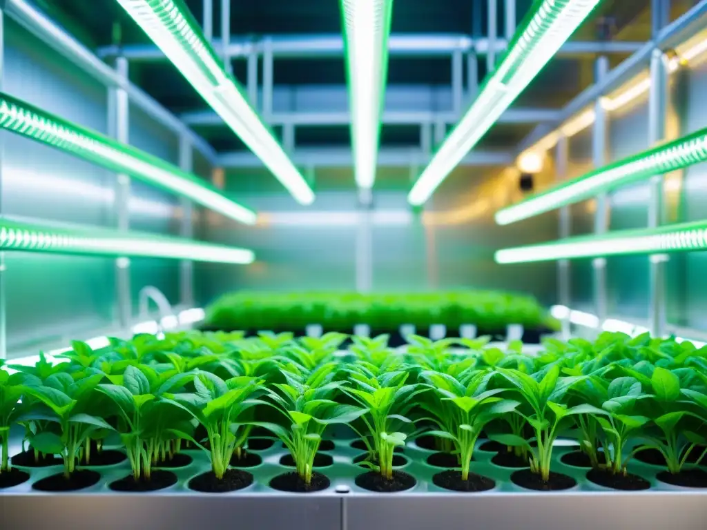 En una moderna instalación de acuaponía, se muestra un detallado biorreactor con plantas verdes vibrantes, tubos y luces LED, en un ambiente futurista