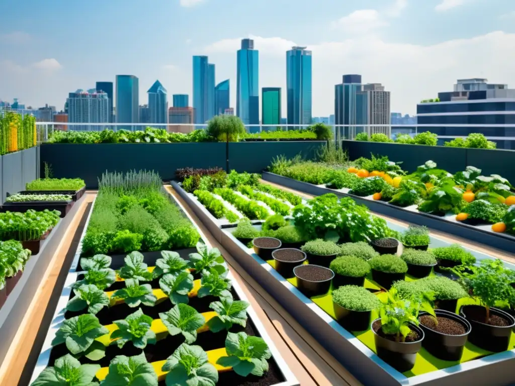 Una moderna huerta urbana llena de frutas, verduras y hierbas, con tecnología de riego inteligente