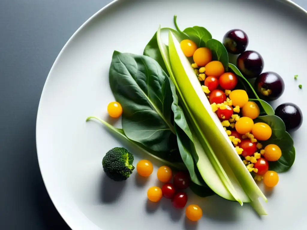 Presentación moderna de platos ensaladas verticales con composición visualmente impactante