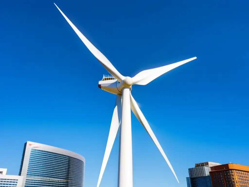 Una moderna turbina eólica destaca en el paisaje urbano, mostrando la integración de la energía renovable en la agricultura urbana