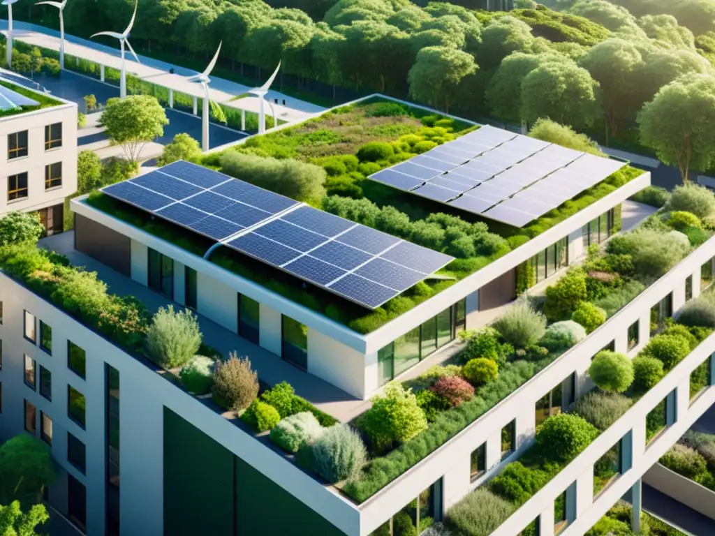 Un moderno edificio urbano con techo verde, paneles solares y turbinas eólicas