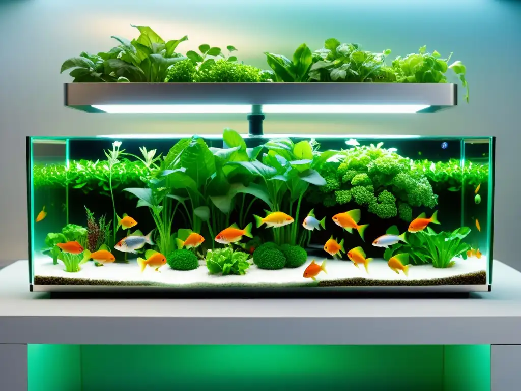 Un moderno y elegante sistema de acuaponía con vegetales vibrantes y peces coloridos en agua clara y rica en nutrientes