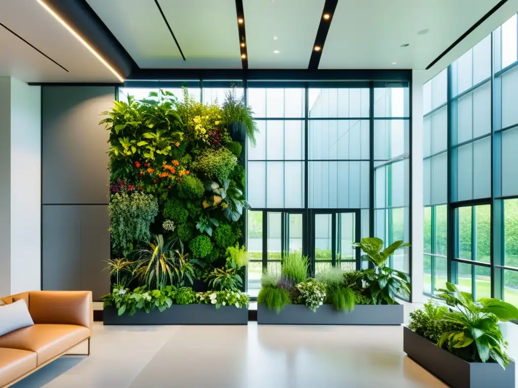 Un moderno espacio de oficina con huertos verticales para oficinas, lleno de vegetación exuberante y luz natural