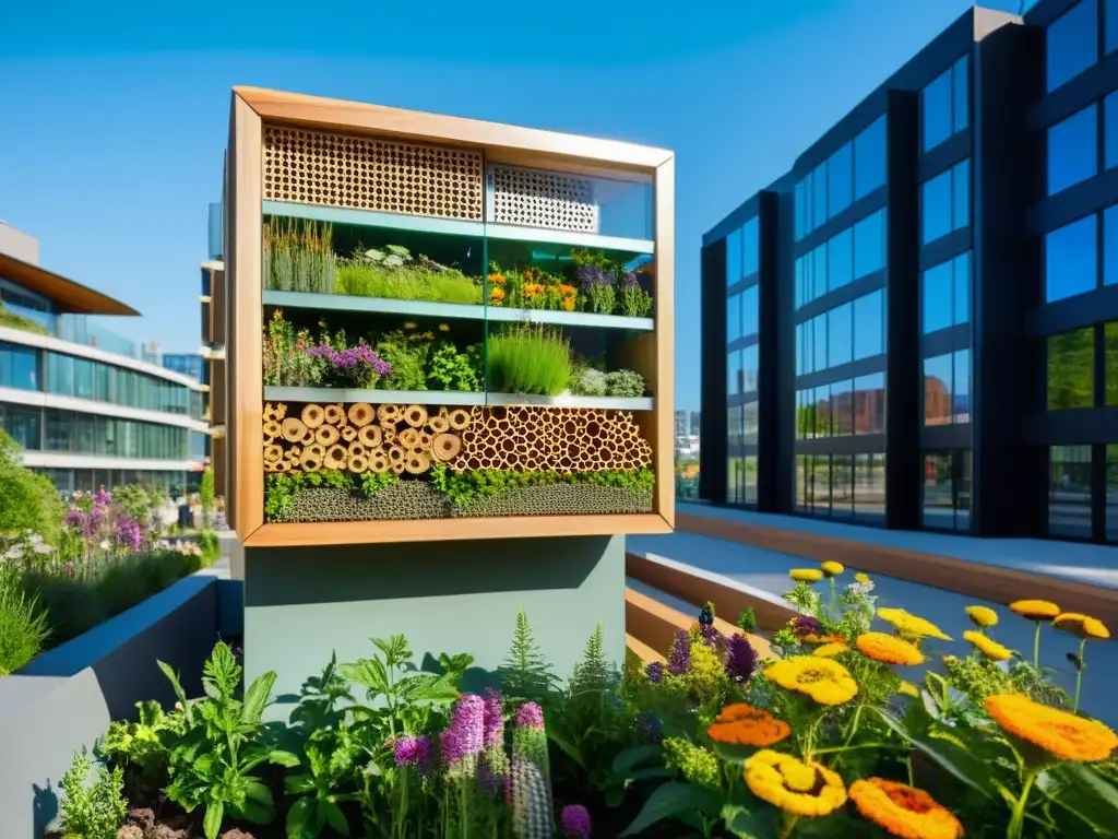 Un moderno hotel de insectos para polinización urbana en el corazón de la ciudad, rodeado de flores y plantas nativas