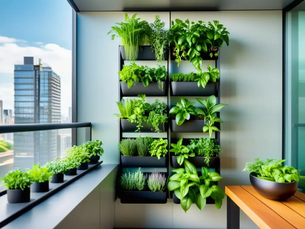 Un moderno huerto vertical presenta hierbas aromáticas en un espacio minimalista y elegante con luz natural