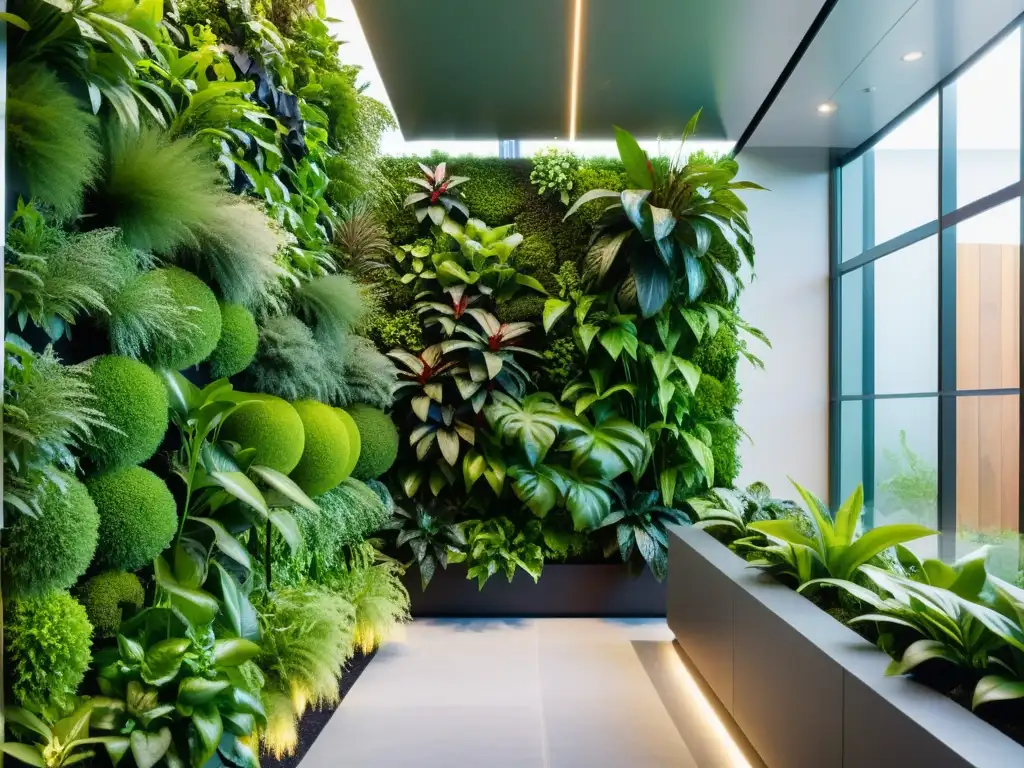 Un moderno huerto vertical interior con plantas exuberantes, iluminado por luz natural