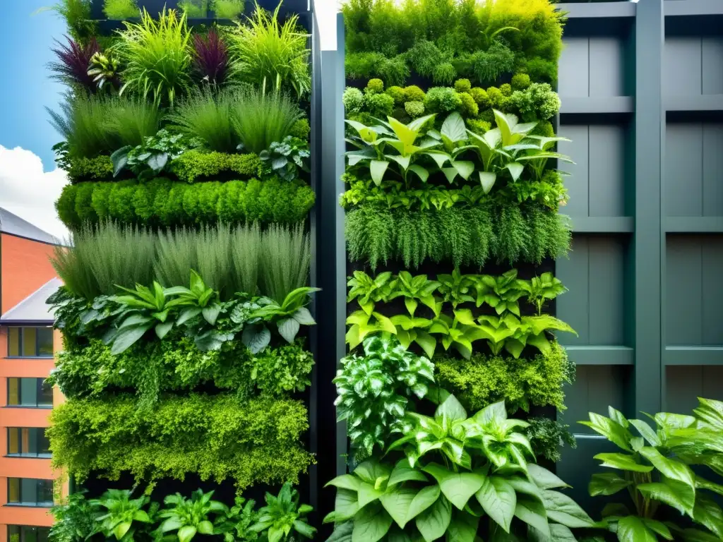 Un moderno huerto vertical urbano muestra una variedad de plantas verdes en un diseño innovador, en contraste con la arquitectura urbana