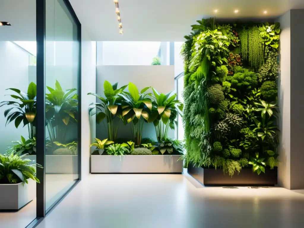 Un moderno interior con un elegante jardín vertical de plantas purificadoras, crea una atmósfera serena y sofisticada