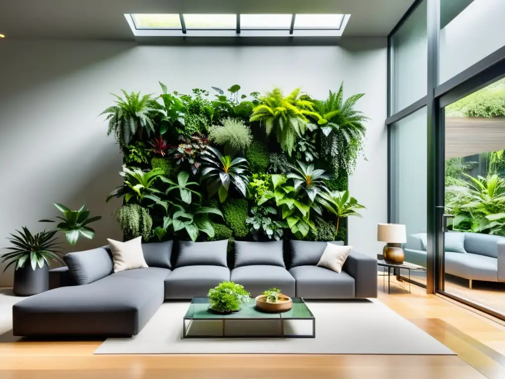 Un moderno salón con un elegante sofá gris, mesa de café de cristal y un impresionante jardín vertical en decoración interior, lleno de exuberante vegetación