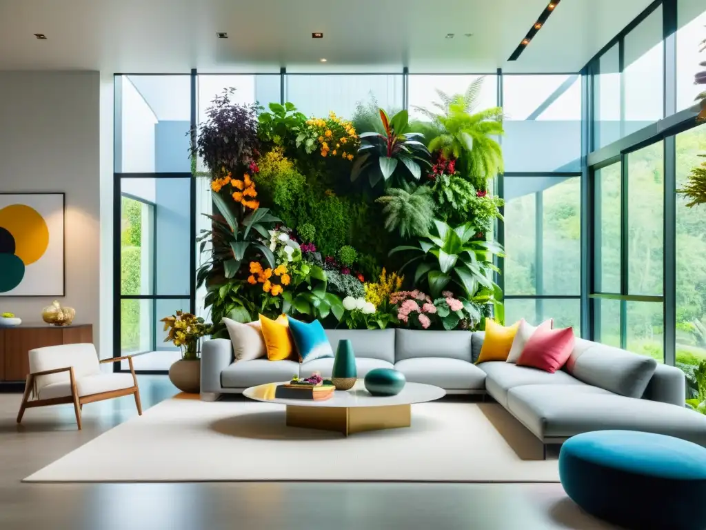 Un moderno salón con jardín vertical interior diseño paso a paso, iluminado por luz natural, creando un ambiente sereno y vibrante