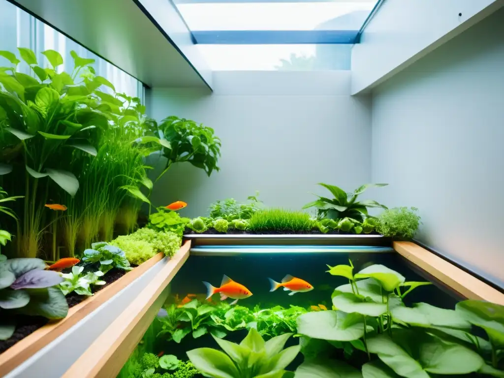 Un jardín de acuaponía moderno y sereno con plantas exuberantes y peces coloridos nadando grácilmente en el agua clara