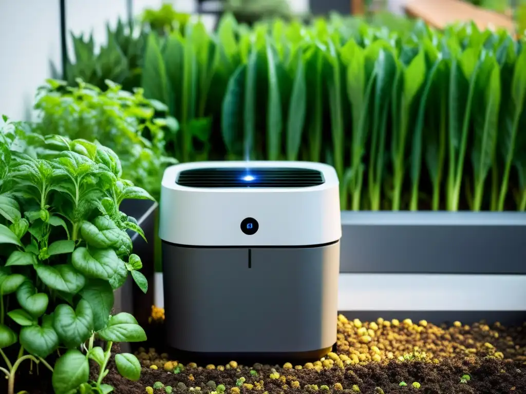 Un moderno sistema de riego automatizado en mini huerto urbano, integrando tecnología y naturaleza