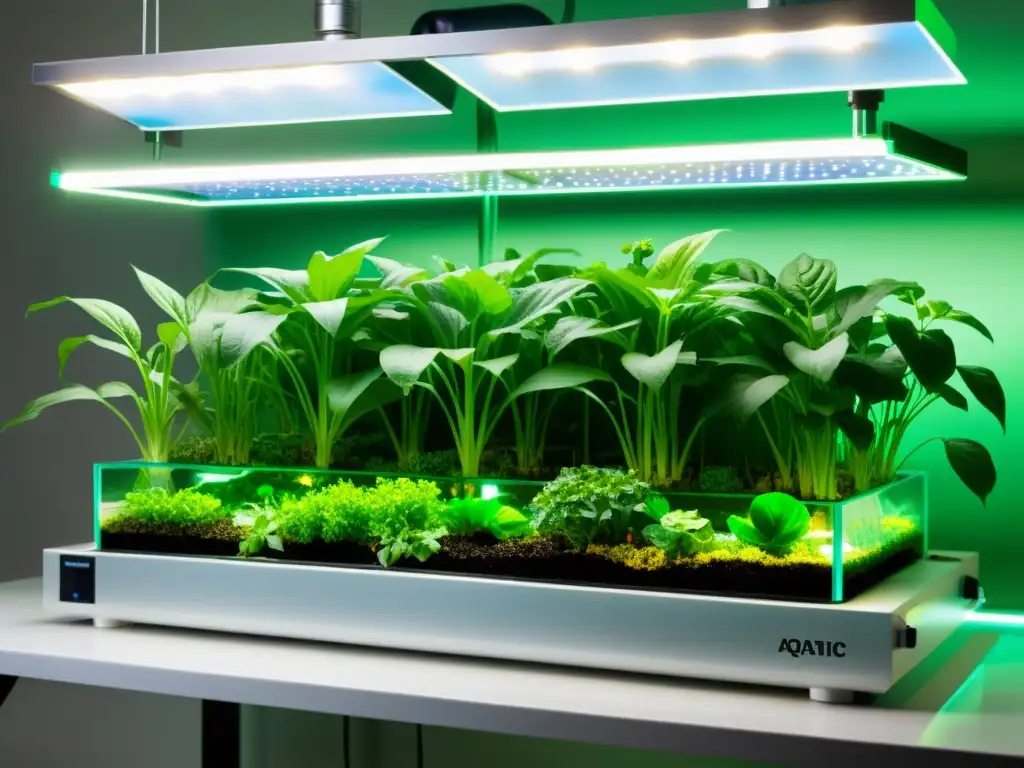 Un moderno sistema de acuaponía con tanques de acrílico, plantas verdes vibrantes y un panel de control